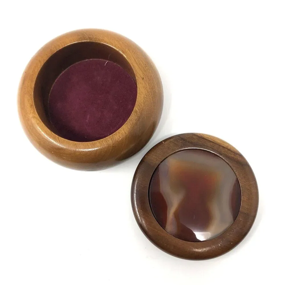 VTG Hand Crafted Wood Trinket Box w/ Agate Stone Inlay Lid Artisan Made Brazil